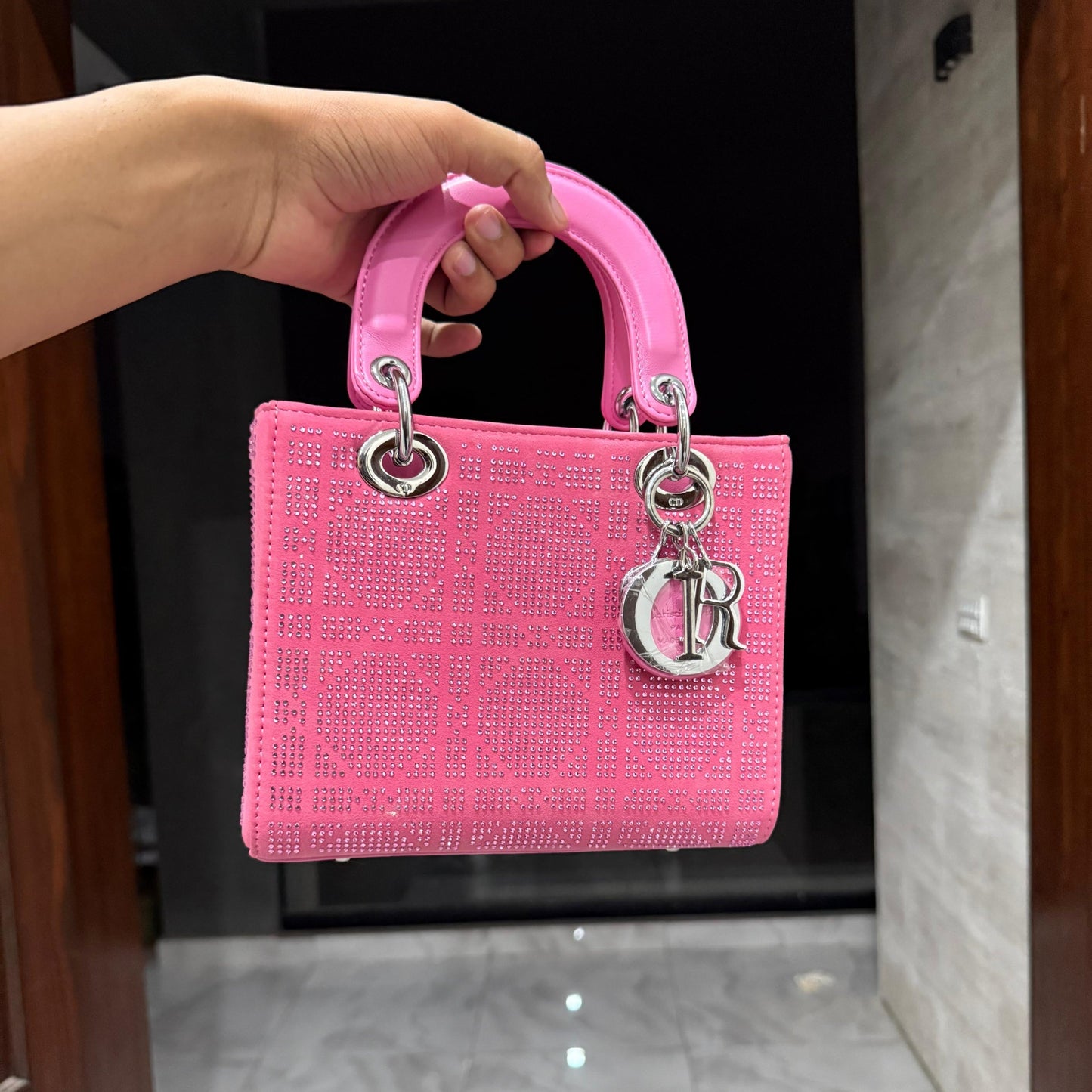 Christian dior Lady Dior Bag(PINK cannage silk with crystal bead embroidery)