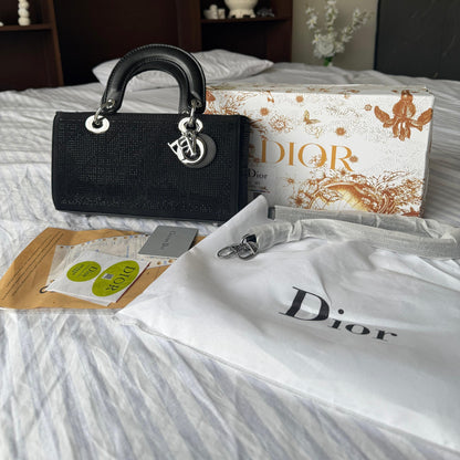 Christian dior Lady Dior Bag(BLACK  cannage silk with crystal bead embroidery)